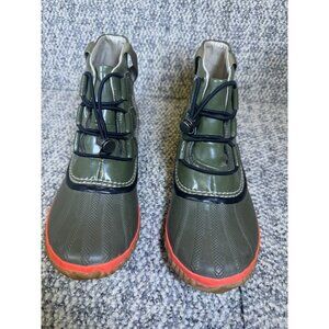 Sorel Waterproof Womens Duck Boots Size 8 Olive Green & Orange Rubber Sole